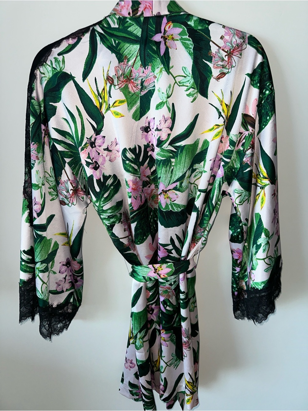 Victoria's Secret Tropical Floral Satin Robe with Black Lace - Picture 3 of 7